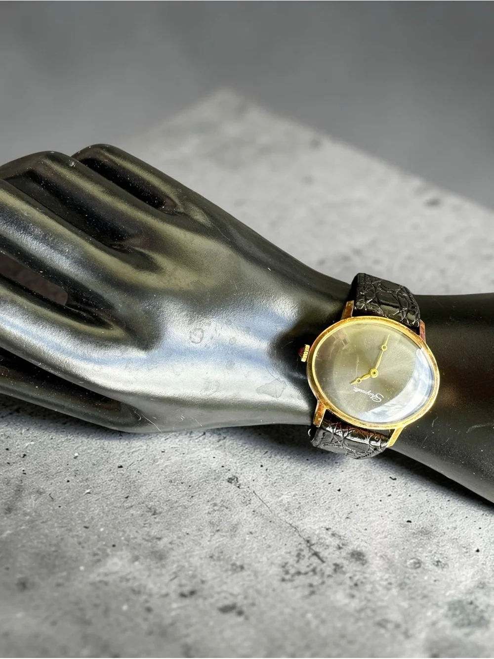 Vintage Schiaparelli Mechanical Watch Black Dial Cabochon Crown - Working